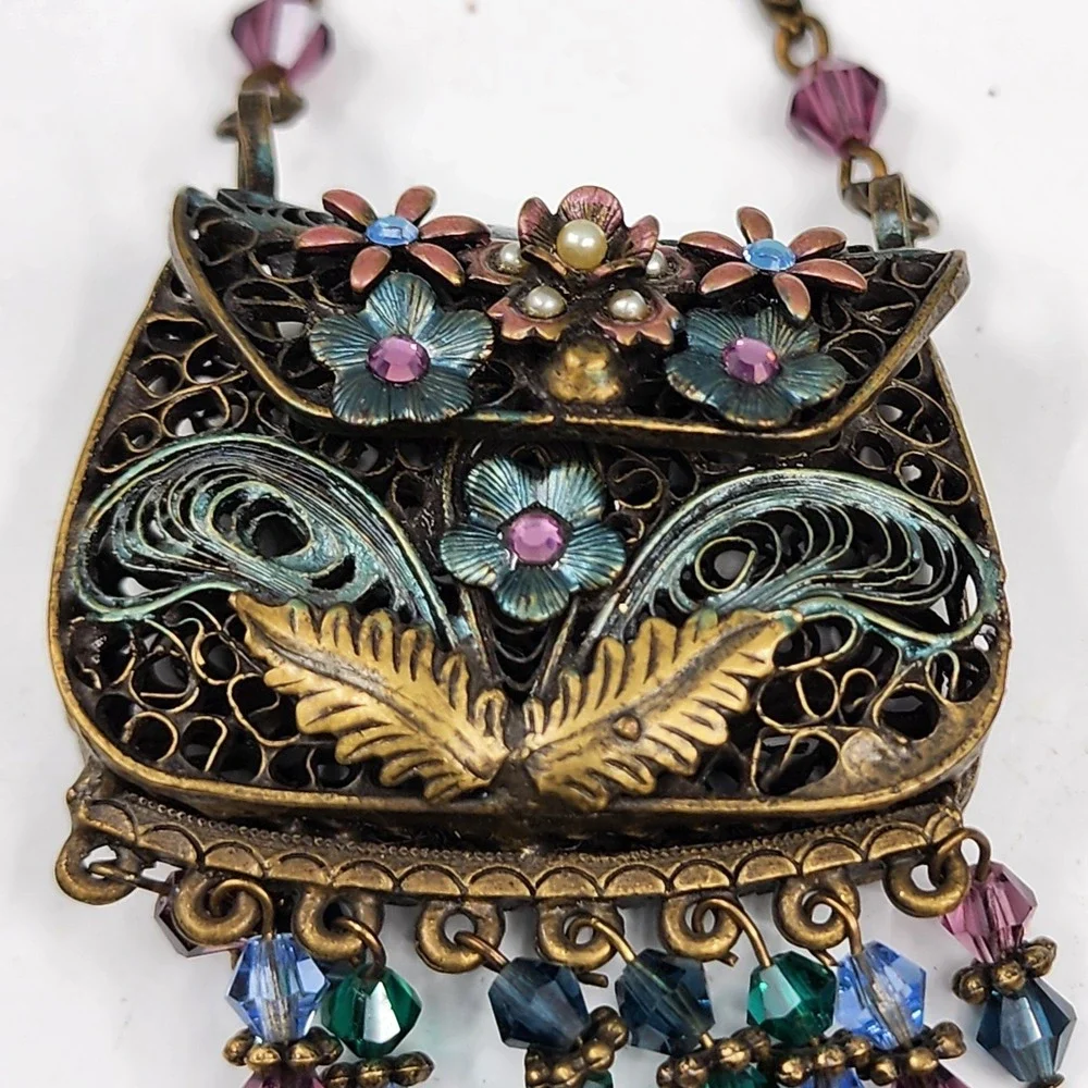 Sweet Romance USA Floral Purse Pendant Necklace Crystal Bead Fringe Victorian